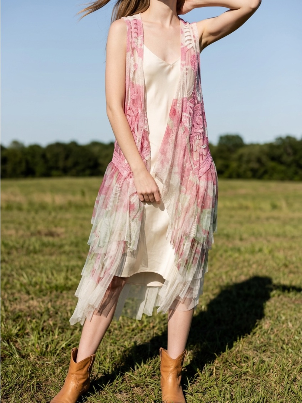 Origami Boho Tulle Lace Duster Vest Fairycore Romantic Western Festival  L/XL